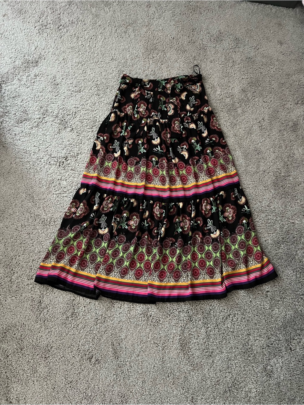 EUC Bohemian Tiered Maxi Skirt in Black with Multicolor Floral Print 4